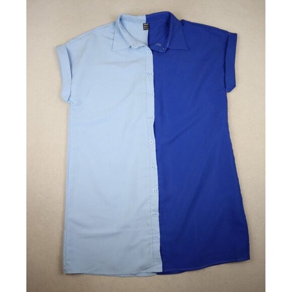 WOMEN'S BLUE SPLIT HALF & HALF COLOR BLOCK SHIRT DRESS - SHIFT - SIZE M/6 - Picture 1 of 7